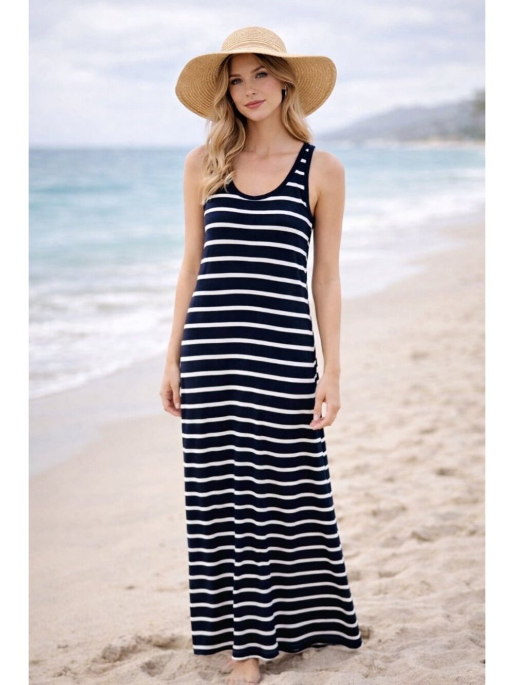 Vince Navy & White Coastal Maxi Dress Full Length Cotton Beach Size Small Women'